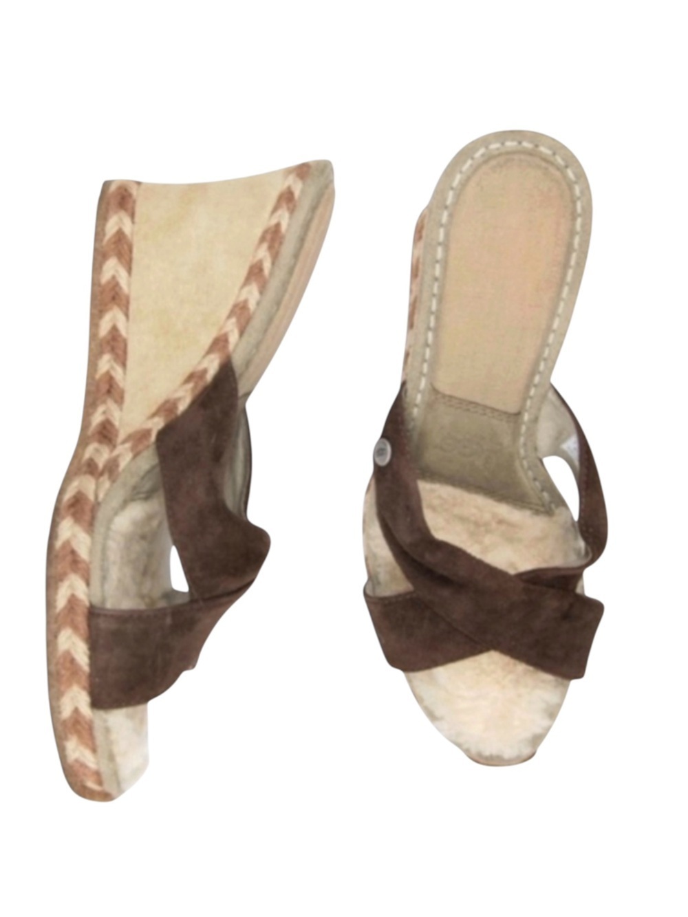 Ugg Brown Suede Criss Cross Wedge Slide Sandals Womens Size 10 Platform Heel Tan